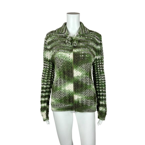 Vintage Green Gradient Sweater Handmade Pom Pom Zip Up Cardigan - Picture 1 of 8